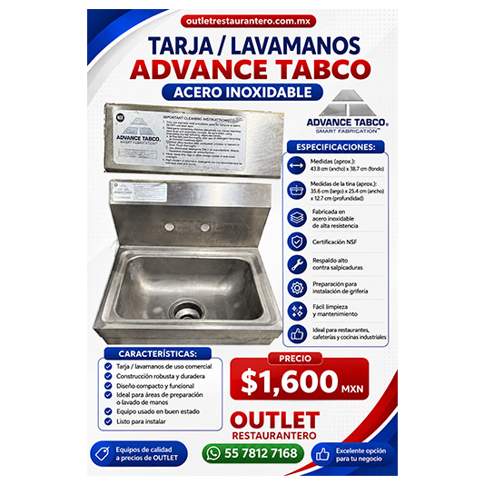 TARJA / LAVAMANOS ADVANCE TABCO ACERO INOXIDABLE